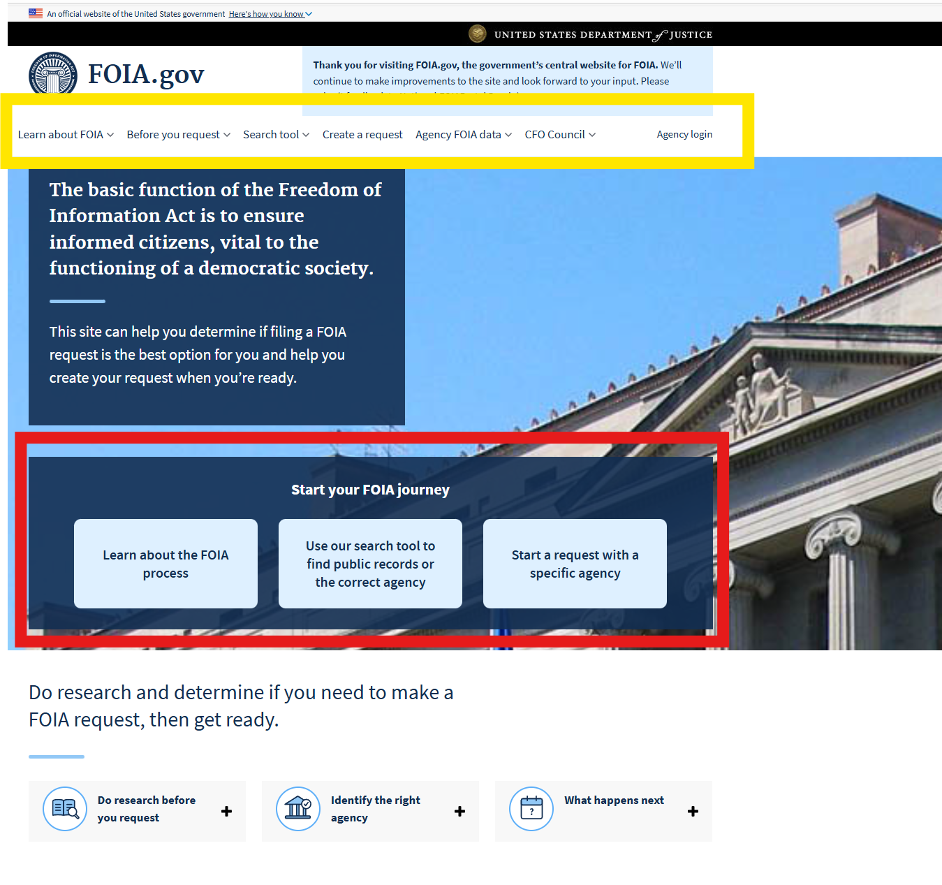 Screenshot showing where to start on FOIA.gov