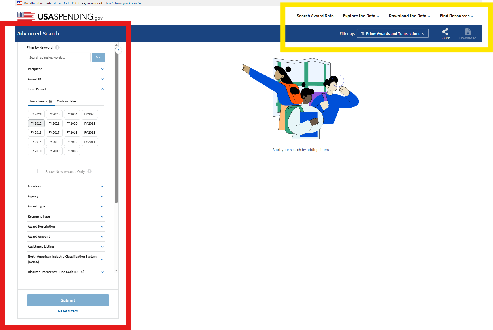Screenshot showing where to start on USAspending.gov